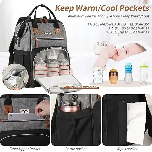 SUPROMOMI Diaper Bag Backpack: Baby Bag Large Tote Diaper bag for Boys and Girls, Men's Diaper Backpack, Women's Shoulder Mommy Bag, 2 Kids Nappy bag for mom and dad Black Grey - 3