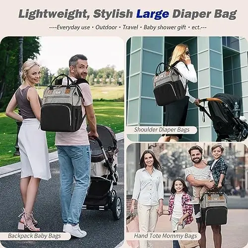 SUPROMOMI Diaper Bag Backpack: Baby Bag Large Tote Diaper bag for Boys and Girls, Men's Diaper Backpack, Women's Shoulder Mommy Bag, 2 Kids Nappy bag for mom and dad Black Grey - SUPROMOMI (1)