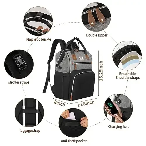 SUPROMOMI Diaper Bag Backpack: Baby Bag Large Tote Diaper bag for Boys and Girls, Men's Diaper Backpack, Women's Shoulder Mommy Bag, 2 Kids Nappy bag for mom and dad Black Grey - 5