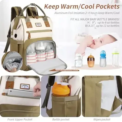 SUPROMOMI Diaper Bag Backpack: Tote Baby Bag for Boy and Girl, Large Mommy Bag Insulated Pockets Charger Holes for Men and Women, Nappy Bag for Baby Airplane Traveing Beige khaki - 4