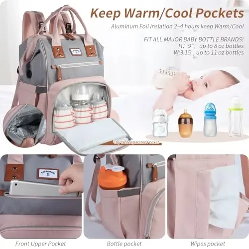 SUPROMOMI Diaper Bag Backpack: Tote Baby Bag for Boy and Girl, Large Mommy Bag Insulated Pockets Charger Holes for Men and Women, Nappy Bag for Baby Airplane Traveing Pink Gray - 4