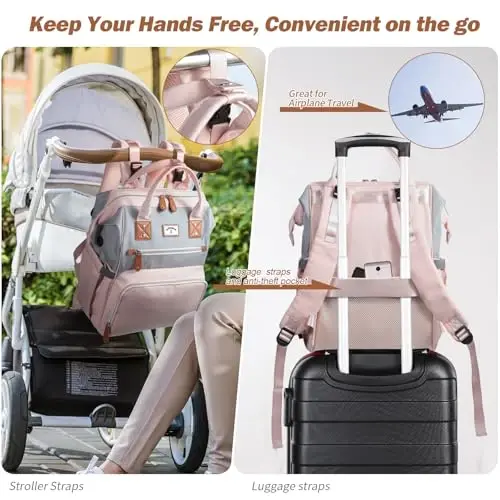 SUPROMOMI Diaper Bag Backpack: Tote Baby Bag for Boy and Girl, Large Mommy Bag Insulated Pockets Charger Holes for Men and Women, Nappy Bag for Baby Airplane Traveing Pink Gray - 6