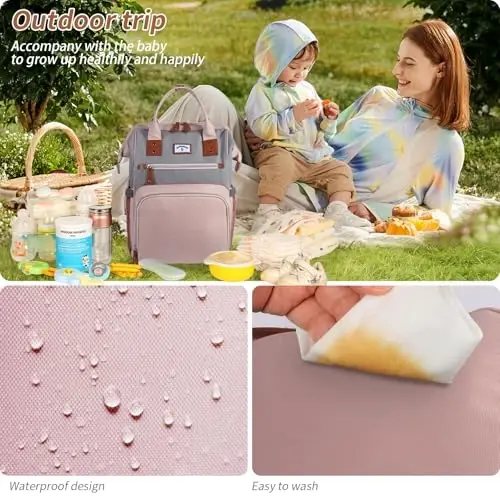 SUPROMOMI Diaper Bag Backpack: Tote Baby Bag for Boy and Girl, Large Mommy Bag Insulated Pockets Charger Holes for Men and Women, Nappy Bag for Baby Airplane Traveing Pink Gray - 7