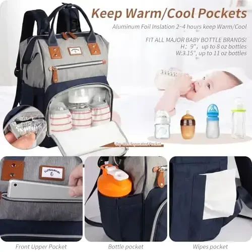 SUPROMOMI Diaper Bag Backpack: Tote Baby Bag for Boy and Girl, Large Mommy Bag Insulated Pockets Charger Holes for Men and Women, Nappy Bag for Baby Airplane Traveing Blue Grey - 4