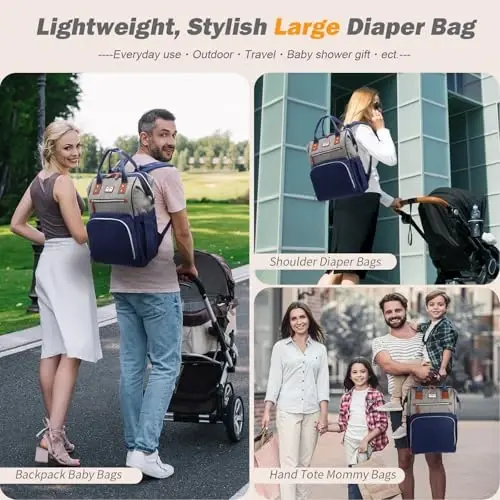 SUPROMOMI Diaper Bag Backpack: Tote Baby Bag for Boy and Girl, Large Mommy Bag Insulated Pockets Charger Holes for Men and Women, Nappy Bag for Baby Airplane Traveing Blue Grey - 2