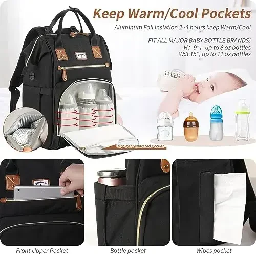 SUPROMOMI Diaper Bag Backpack: Baby Bag Large Tote Diaper bag for Boys and Girls, Men's Diaper Backpack, Women's Shoulder Mommy Bag, 2 Kids Nappy bag for mom and dad Black - 3