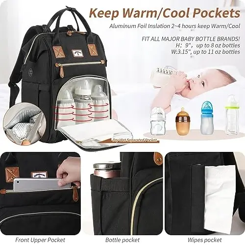 SUPROMOMI Diaper Bag Backpack: Baby Bag Large Tote Diaper bag for Boys and Girls, Men's Diaper Backpack, Women's Shoulder Mommy Bag, 2 Kids Nappy bag for mom and dad Black - 3
