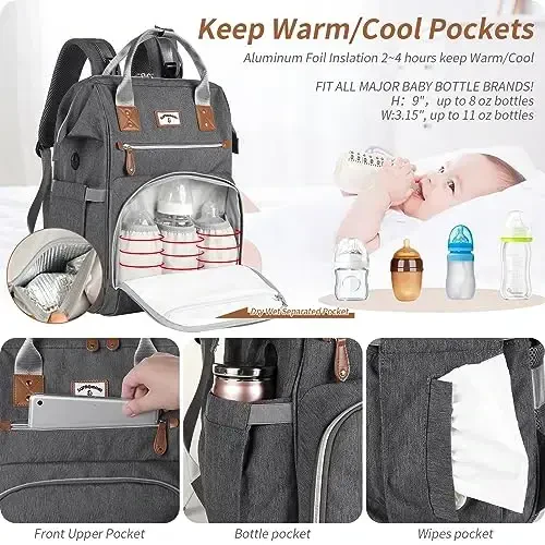 SUPROMOMI Diaper Bag Backpack: Baby Bag Large Tote Diaper bag for Boys and Girls, Men's Diaper Backpack, Women's Shoulder Mommy Bag, 2 Kids Nappy bag for mom and dad Gray - 3