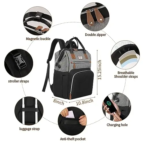 SUPROMOMI Diaper Bag Backpack: Baby Bag Large Tote Diaper bags，Boys Girls Nappy Bag, Men's Diaper Backpack, Women's Shoulder Mommy Bag, Travel 2 Kids Diapers bag Black Grey - 5