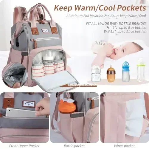 SUPROMOMI Diaper Bag Backpack: Tote Baby Bag for Boy and Girl, Large Mommy Bag Insulated Pockets Charger Holes for Men and Women, Nappy Bag for Baby Airplane Traveing Pink Gray - 4