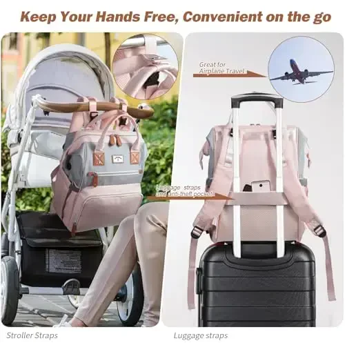 SUPROMOMI Diaper Bag Backpack: Tote Baby Bag for Boy and Girl, Large Mommy Bag Insulated Pockets Charger Holes for Men and Women, Nappy Bag for Baby Airplane Traveing Pink Gray - 6