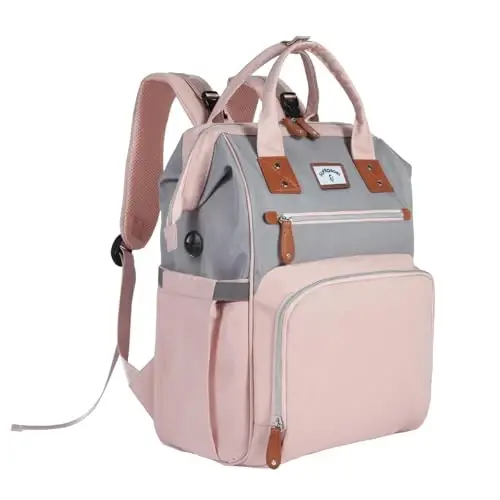 SUPROMOMI Diaper Bag Backpack: Tote Baby Bag for Boy and Girl, Large Mommy Bag Insulated Pockets Charger Holes for Men and Women, Nappy Bag for Baby Airplane Traveing Pink Gray - 1