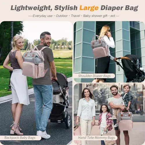 SUPROMOMI Diaper Bag Backpack: Tote Baby Bag for Boy and Girl, Large Mommy Bag Insulated Pockets Charger Holes for Men and Women, Nappy Bag for Baby Airplane Traveing Pink Gray - 2