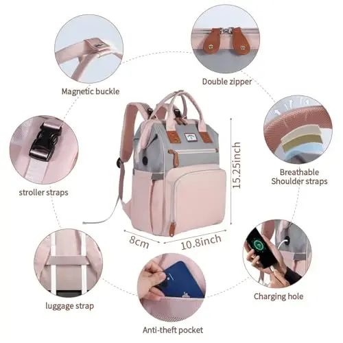 SUPROMOMI Diaper Bag Backpack: Tote Baby Bag for Boy and Girl, Large Mommy Bag Insulated Pockets Charger Holes for Men and Women, Nappy Bag for Baby Airplane Traveing Pink Gray - 5