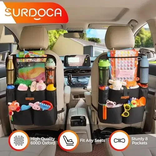 SURDOCA Upgraded Car Organizer with 11-inch Tablet Holder, 8 Pockets, Car Seat Protector for Road Trips - Car Storage and Organizers for Kids, Grey 2PC - SURDOCA