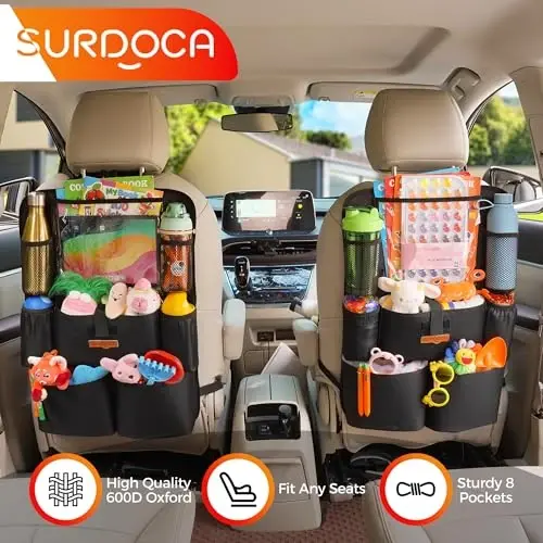 SURDOCA Upgraded Car Organizer with 11-inch Tablet Holder, 8 Pockets, Car Seat Protector for Road Trips - Car Storage and Organizers for Kids, Grey 2PC - SURDOCA