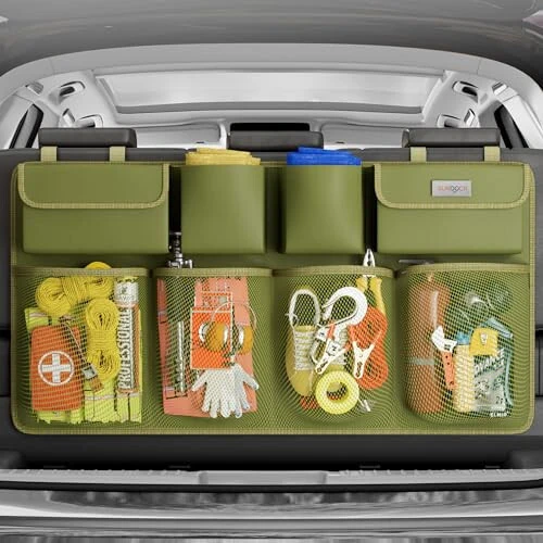 SURDOCA Hanging Trunk Organizer for SUV, [UPGRADED 7 Times] Car Organizers and Storage, Car Accessories Interior, Space Saving Expert-ArmyGreen 