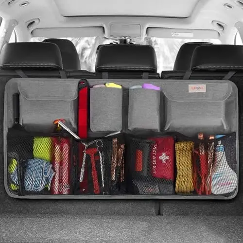SURDOCA Car Trunk Organizer LARGE SIZE, Hanging Trunk Organizer (43x19in), Foldable Cargo Storage Bag with 8 Pockets, Space Saving Expert for SUV/Truck/MPV 