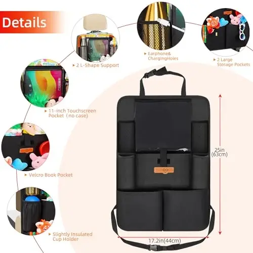 SURDOCA Car Organizers and Storage, Upgraded Car Seat Organizer with 11-inch Touch Screen Tablet Holder, Backseat Car Organizer with 8 Pockets, Car Seat Protector Road Trip Essentials for Kids - 6