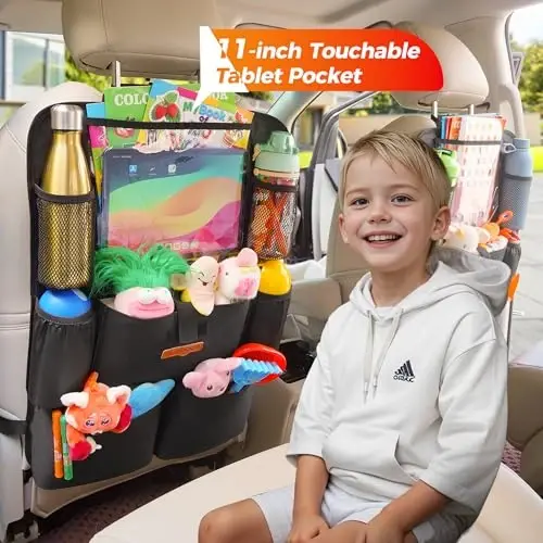 SURDOCA Car Organizers and Storage, Upgraded Car Seat Organizer with 11-inch Touch Screen Tablet Holder, Backseat Car Organizer with 8 Pockets, Car Seat Protector Road Trip Essentials for Kids - 5