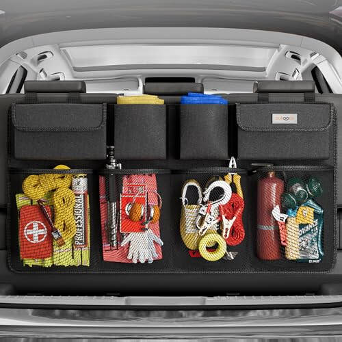 SURDOCA Car Trunk Organizer, 3rd Gen [7 Times Upgrade] Super Capacity Car Organizer SUV, Equipped with Robust Elastic Net, Hanging Car Storage Organizer with Lids, Space Saving Expert - 7