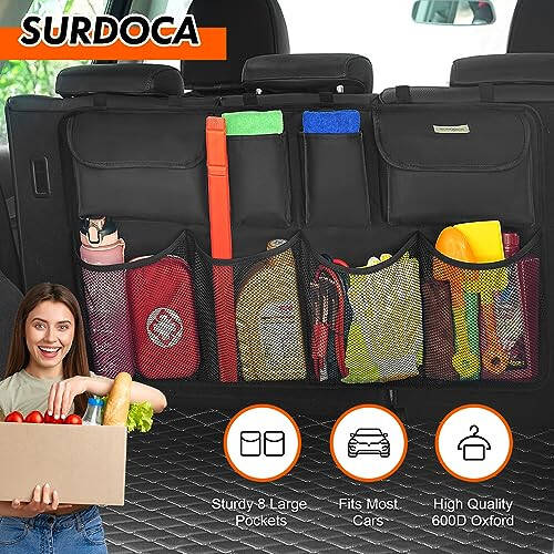 SURDOCA Car Trunk Organizer, 3rd Gen [7 Times Upgrade] Super Capacity Car Organizer SUV, Equipped with Robust Elastic Net, Hanging Car Storage Organizer with Lids, Space Saving Expert - 3