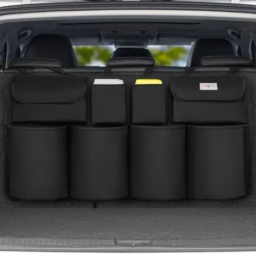 SURDOCA Car Trunk Organizer, 3rd Gen [7 Times Upgrade] Super Capacity Car Organizer SUV, Equipped with Robust Elastic Net, Hanging Car Storage Organizer with Lids, Space Saving Expert - 1