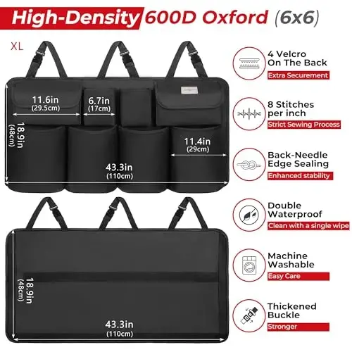 SURDOCA Car Trunk Organizer, LARGE CAPACITY(43 x 19 in) Car Storage Bag with 8 Pockets, 7X Upgraded Trunk Storage Organizer for Car, SUV, Truck, MPV - 3