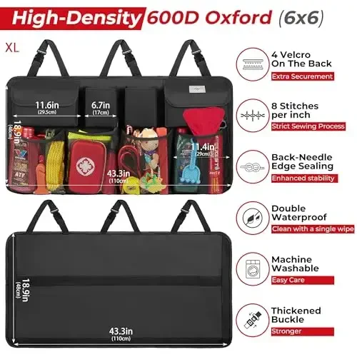 SURDOCA Car Trunk Organizer LARGE SIZE, Hanging Trunk Organizer (43x19in), Foldable Cargo Storage Bag with 8 Pockets, Space Saving Expert for SUV/Truck/MPV - 5