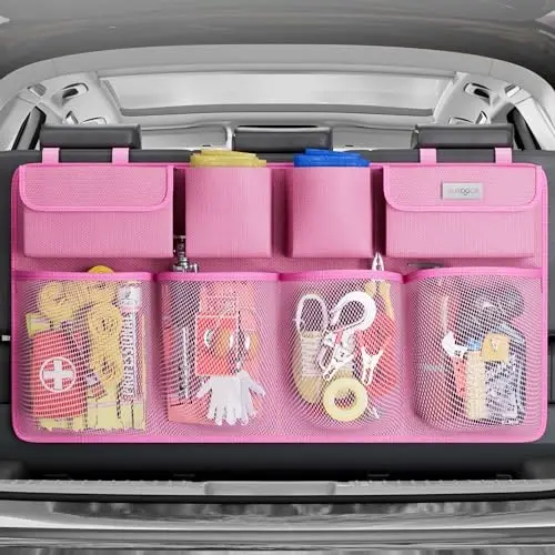 SURDOCA Hanging Trunk Organizer for SUV, [UPGRADED 7 Times] Car Organizers and Storage, Car Accessories Interior, Space Saving Expert-Pink - SURDOCA