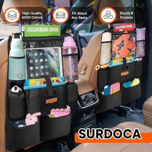 SURDOCA Upgraded Car Organizer with 11-inch Tablet Holder, 8 Pockets, Car Seat Protector for Road Trips - Car Storage and Organizers for Kids - 15