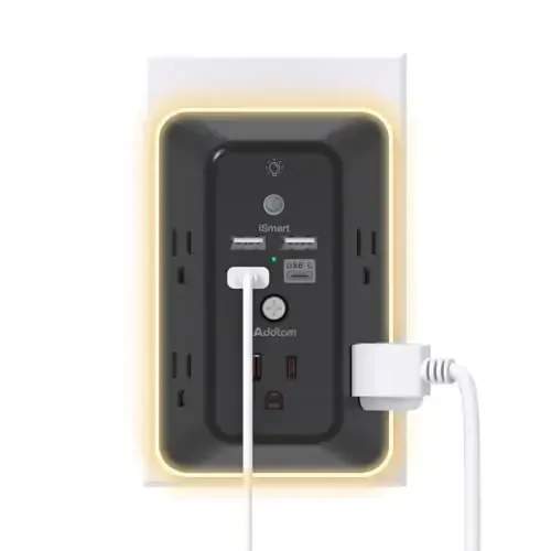 Surge himoya qiluvchi, tungi yoritgichli rozetka kengaytirgichi, Addtam 5 rozetkali splitter va 4 USB porti (1 USB C), uy ofisi yotoqxonasi uchun ko'p rozetkali devor rozetkasi, zarur qora - ADDTAM