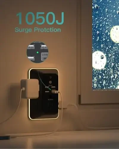 Surge himoya qiluvchi, tungi yoritgichli rozetka kengaytirgichi, Addtam 5 rozetkali splitter va 4 USB porti (1 USB C), uy ofisi yotoqxonasi uchun ko'p rozetkali devor rozetkasi, zarur qora - 7