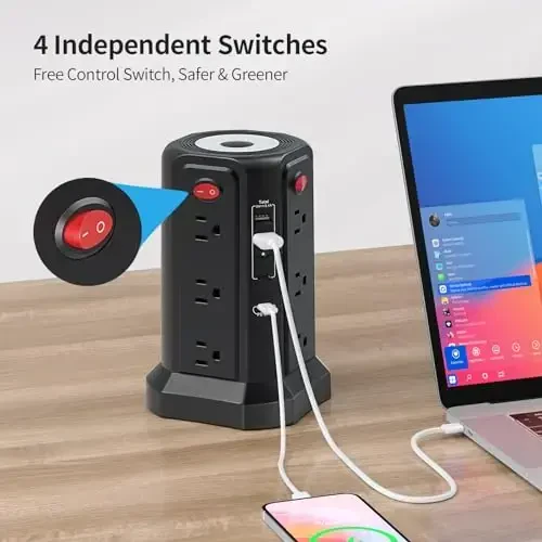 Surge himoya quvvat chizig'i 10 FT sim, PD 20W USB C himoya chiziqlari, 3-avlod PASSUS uzunaytma simi, uy ofis uchun bir nechta rozetkali zaryadlash stantsiyasi - 4