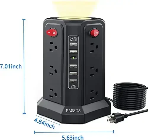 Surge himoya quvvati Strip Tower 5 USB porti va tungi chiroq bilan, 10FT uzaytirish shnuri 12 AC Multiple Outlets bilan, PASSUS Power Tower, uy ofisi xonasi uchun haddan tashqari yukdan himoya (2PC-Oq + Qora) - 4