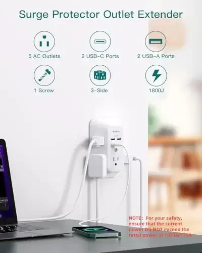 Surge Protector Outlet Extender - Addtam 5-Outlet Splitter with 4 USB Wall Charger(2 USB-C Ports), Multi Plug Outlet Power Strip for Home, Dorm Room Essentials - 2