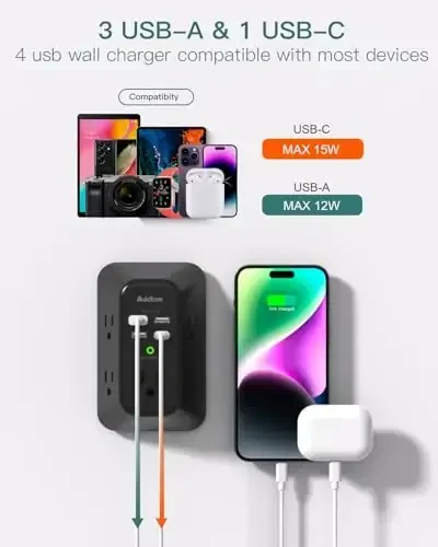 Surge Protector Outlet Extender, Addtam Multi Plug Wall Outlet with 4 USB Ports(1 USB-C), 3-Sided 1800J Power Strip Plug Extension Outlet Splitter, Black - 3