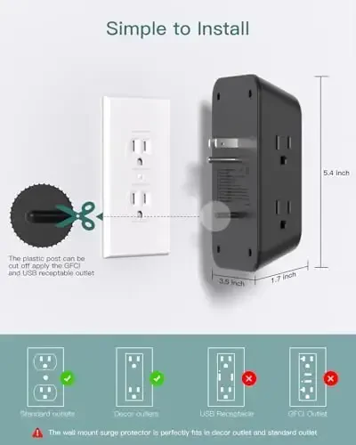 Surge Protector Outlet Extender, Addtam Multi Plug Wall Outlet with 4 USB Ports(1 USB-C), 3-Sided 1800J Power Strip Plug Extension Outlet Splitter, Black - 6