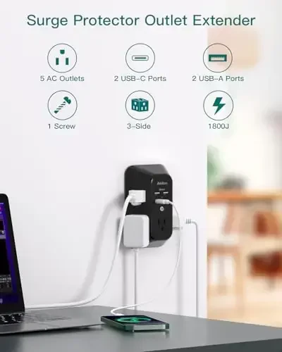 Surge Protector Outlet Extender, Addtam Multi Plug Wall Outlet with 4 USB Ports(2 USB-C), 3-Sided 1800J Power Strip Plug Extension Outlet Splitter, Black - 2