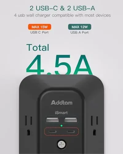 Surge Protector Outlet Extender, Addtam Multi Plug Wall Outlet with 4 USB Ports(2 USB-C), 3-Sided 1800J Power Strip Plug Extension Outlet Splitter, Black - 3