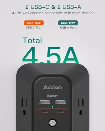 Surge Protector Outlet Extender, Addtam Multi Plug Wall Outlet with 4 USB Ports(2 USB-C), 3-Sided 1800J Power Strip Plug Extension Outlet Splitter, Black - 3