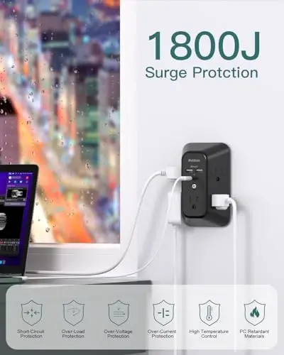 Surge Protector Outlet Extender, Addtam Multi Plug Wall Outlet with 4 USB Ports(2 USB-C), 3-Sided 1800J Power Strip Plug Extension Outlet Splitter, Black - 6