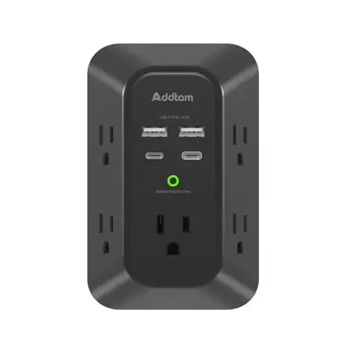 Surge Protector Outlet Extender, Addtam Multi Plug Wall Outlet with 4 USB Ports(2 USB-C), 3 tomonli 1800J quvvatli tarmoqli uzatma rozetkasi splitter, qora 