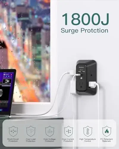 Surge Protector Outlet Extender, Addtam Multi Plug Wall Outlet with 4 USB Ports(2 USB-C), 3 tomonli 1800J quvvatli tarmoqli uzatma rozetkasi splitter, qora - 6