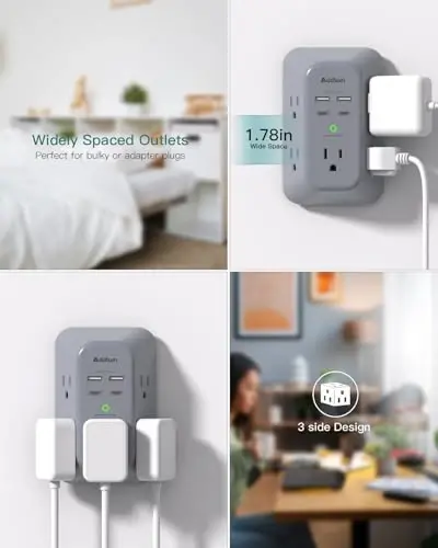 Surge Protector Outlet Extender, Addtam Multi Plug Wall Outlet with 4 USB Ports(2 USB-C), 3 tomonli 1800J quvvatli tarmoqli uzatma rozetkasi splitter, qora - 3