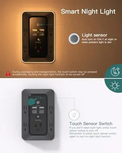 Surge Protector, Outlet Extender tungi chiroqli, Addtam 5 rozetkali splitter va 4 USB porti (2 USB C), USB devoriy zaryadlovchi tarmoqli filtr, uy, ofis, maktab uchun ko'p rozetkali devoriy chiqish, qora - 3