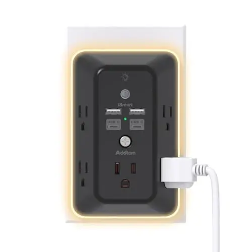 Surge Protector, Outlet Extender with Night Light, Addtam 5-Outlet Splitter and 4 USB Ports(2 USB C), USB Wall Charger Power Strip, Multi Plug Wall Outlet for Home, Office, School, Black - 1