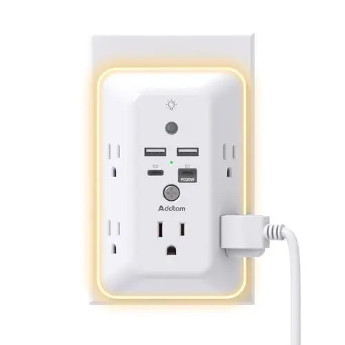 Surge Protector, Outlet Extender with Night Light, Addtam 5-Outlet Splitter and 4 USB Ports(PD 20W), Multi Plug Wall Outlet Power Strip for Home Office Dorm Room Essentials - 1
