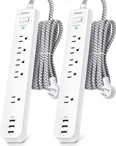 Surge Protector Power Strip - 10 FT Long Extension Cord with 5 Widely AC Outlets 3 USB Ports, Flat Plug with Overload Surge Protection for Home, Office, Dorm Essentials (2 Pack) - 1
