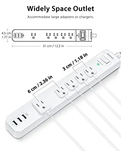 Surge Protector Power Strip - 10 FT Uzunlikdagi kengaytma simi, 5 ta keng AC rozetkasi, 3 ta USB porti, uy, ofis, yotoqxona uchun haddan tashqari yuklanishdan himoya qiluvchi yassi vilka (2 dona) - 4